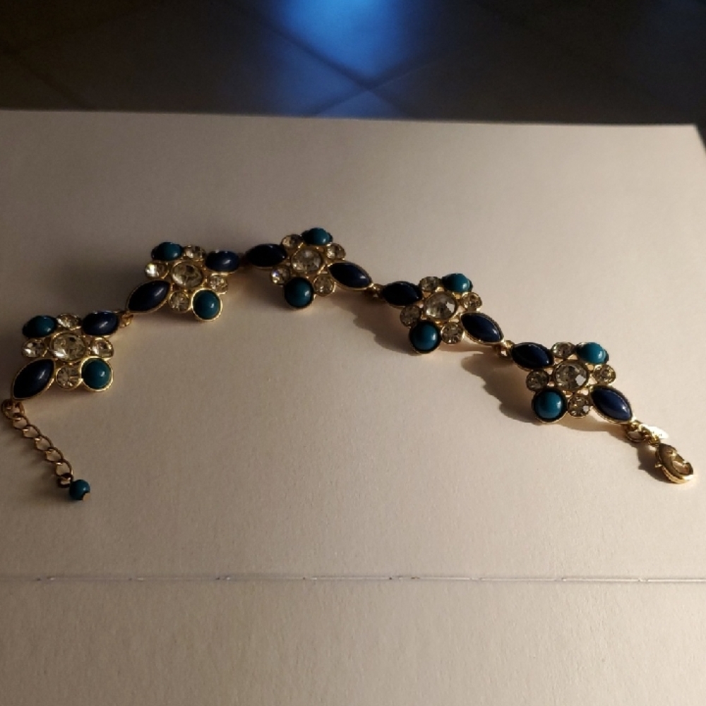 Vintage JJH Avon Gold Look Bracelet Crystal Green Blue Stones Jewelry‎ Bracelets